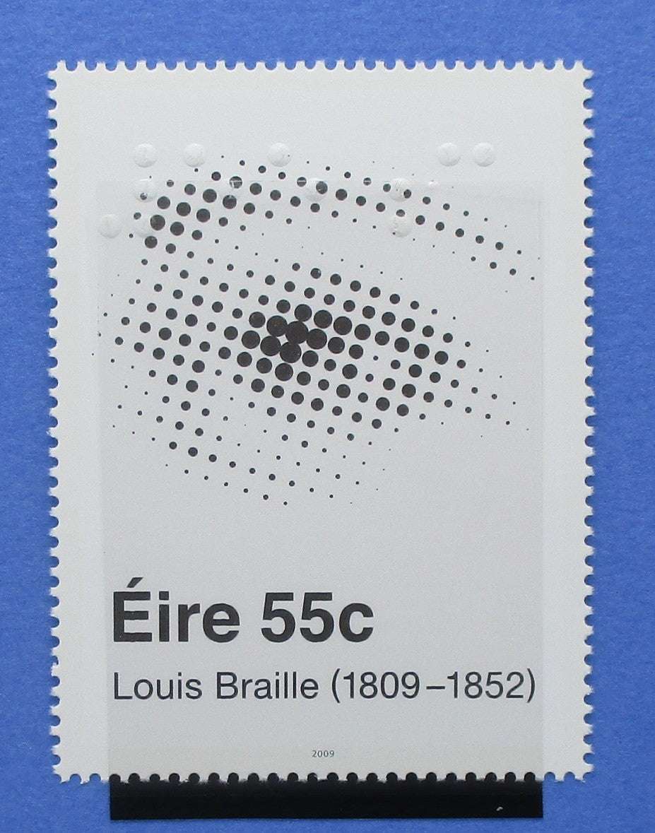 Stylized postage stamp with a dot pattern and text on a blue background