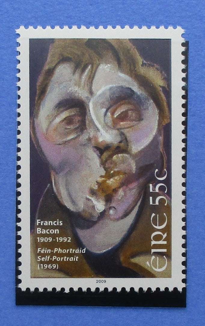 Stamp featuring a self-portrait by Francis Bacon on a blue background