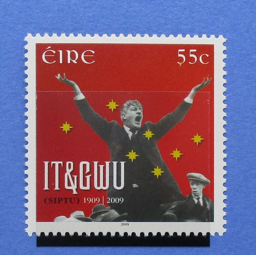 Ireland postage stamp featuring a person with raised arms on a red background