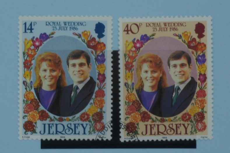 Two Jersey postage stamps featuring a couple and floral designs, commemorating a royal wedding on 23 July 1986.