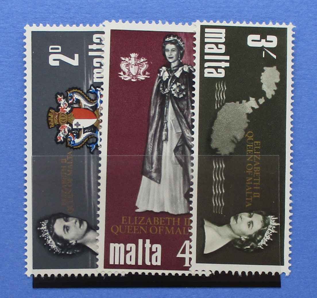 Three vintage Malta postage stamps are displayed side by side on a blue background. The stamps feature portraits of Queen Elizabeth II and map designs, with denominations 2d, 4, and 3¢, and the word 'malta' printed prominently on each.