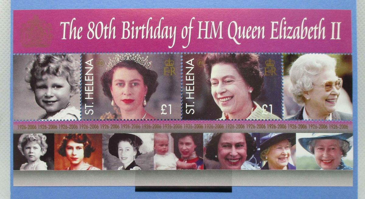 A commemorative St. Helena postage stamp sheet celebrating the 80th birthday of HM Queen Elizabeth II, featuring multiple portrait stamps and a pink header with white text.