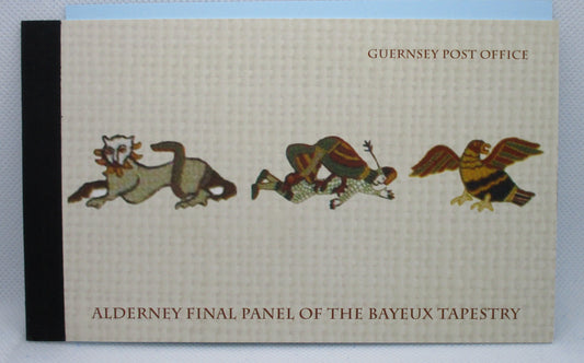 Booklet with illustrations of animals and text 'Guernsey Post Office Alderney Final Panel of the Bayeux Tapestry' on a plain background.