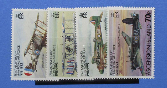 A set of four vintage Royal Air Force commemorative postage stamps from Ascension Island, displayed side-by-side on a blue background.
