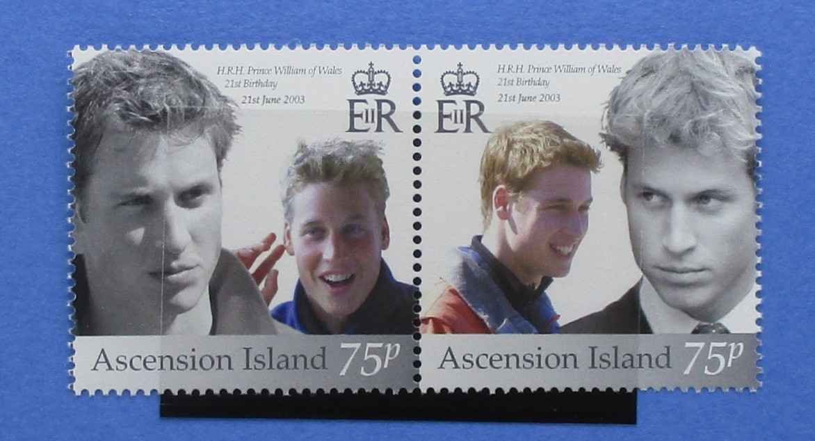 Two postage stamps from Ascension Island featuring portraits of Prince William and Prince Harry, with 'ER' crowns and '75p' denominations, displayed against a blue background.