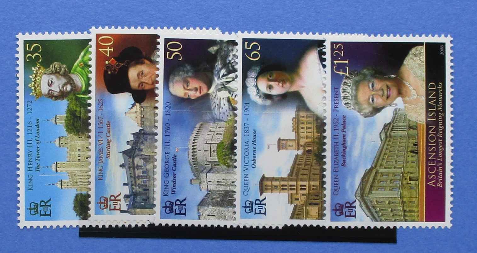 A set of five British Royal Mail commemorative postage stamps from 1993 featuring Queen Victoria and Ascension Island, displayed on a black stand against a blue background.