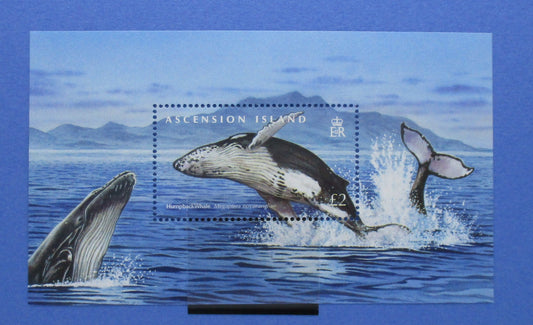 A postage stamp sheet featuring a whale jumping out of the water, with another whale tail visible on the right and distant mountains under a blue sky. The sheet includes the text 'ASCENSION ISLAND' with a '£2' denomination, set against a blue background.
