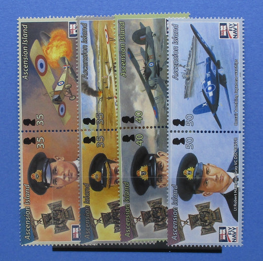 A set of eight British Royal Air Force 'Ascension Island' postage stamps from 2002, arranged in a 2x3 grid on a blue background. The stamps feature various RAF aircraft, squadron insignia, and portraits of Air Chief Moynston, John A.