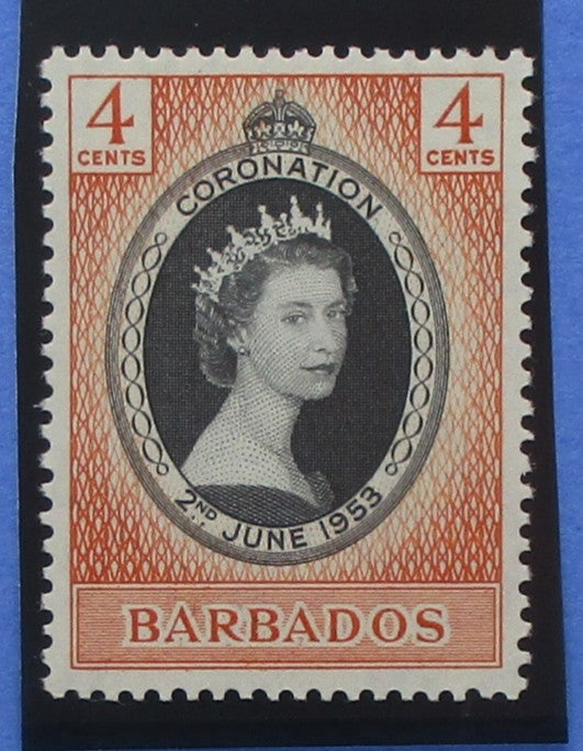 A vintage Barbados 4-cent postage stamp featuring Queen Elizabeth II in profile within an oval portrait frame, with red-orange textured border details and the word BARBADOSS at the bottom, shown against a dark blue background.