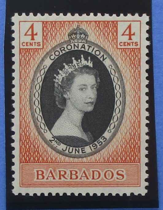 A vintage Barbados 4-cent postage stamp featuring Queen Elizabeth II in profile within an oval portrait frame, with red-orange textured border details and the word BARBADOSS at the bottom, shown against a dark blue background.