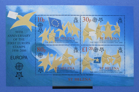 A blue and gold 50th Anniversary of the First Europa Stamps 1956-2006 souvenir sheet featuring four St. Helena postage stamps with yellow stars and blue EU flag motifs.
