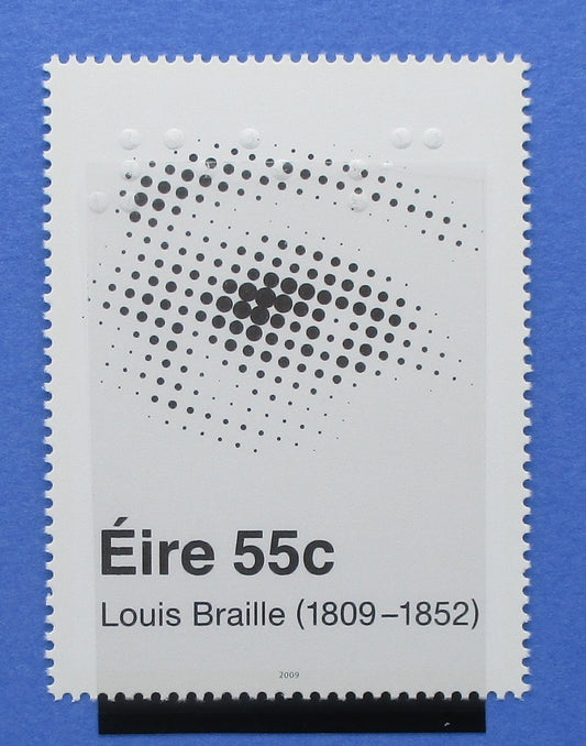 Stylized postage stamp with a dot pattern and text on a blue background