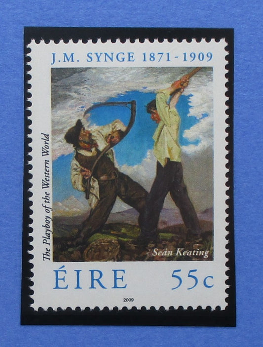Ireland postage stamp featuring a painting of two figures with a harp, issued in 2009.