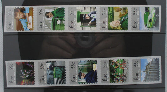 Two horizontal strips of postage stamps with various designs on a reflective surface.
