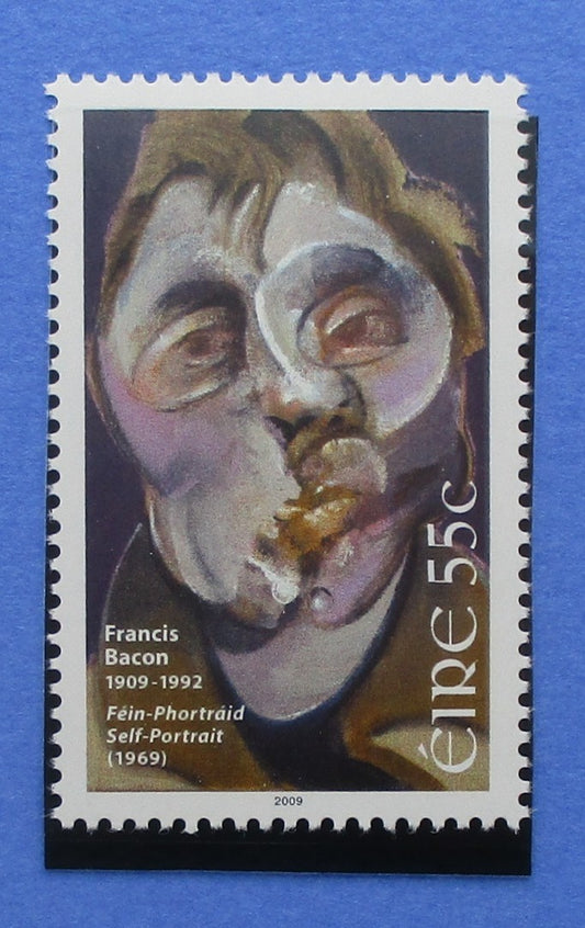 Stamp featuring a self-portrait by Francis Bacon on a blue background