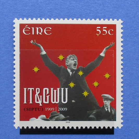 Ireland postage stamp featuring a person with raised arms on a red background