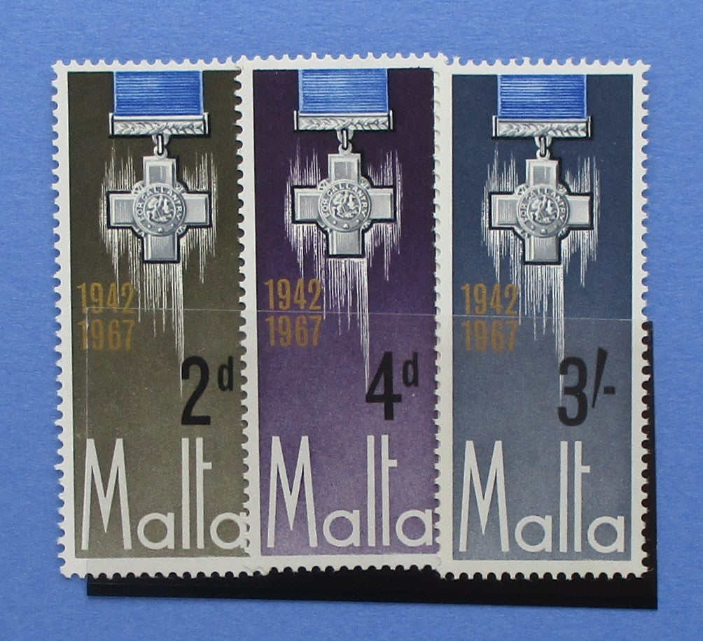 Three vintage Malta postage stamps are arranged side by side on a blue background. The stamps feature a medal design with the text '1942 1967' and denominations '2d', '4d', and '3/-', with 'Mallta' printed at the bottom.