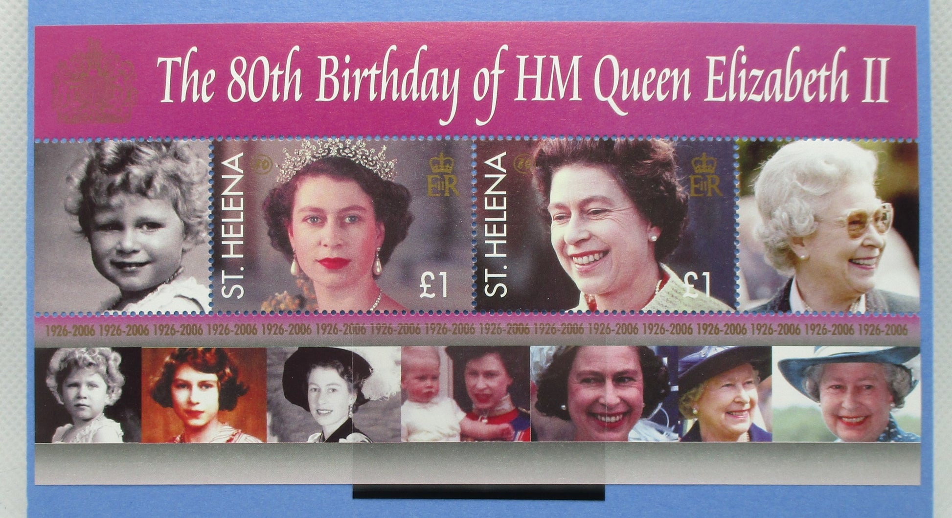 A commemorative St. Helena postage stamp sheet celebrating the 80th birthday of HM Queen Elizabeth II, featuring multiple portrait stamps and a pink header with white text.