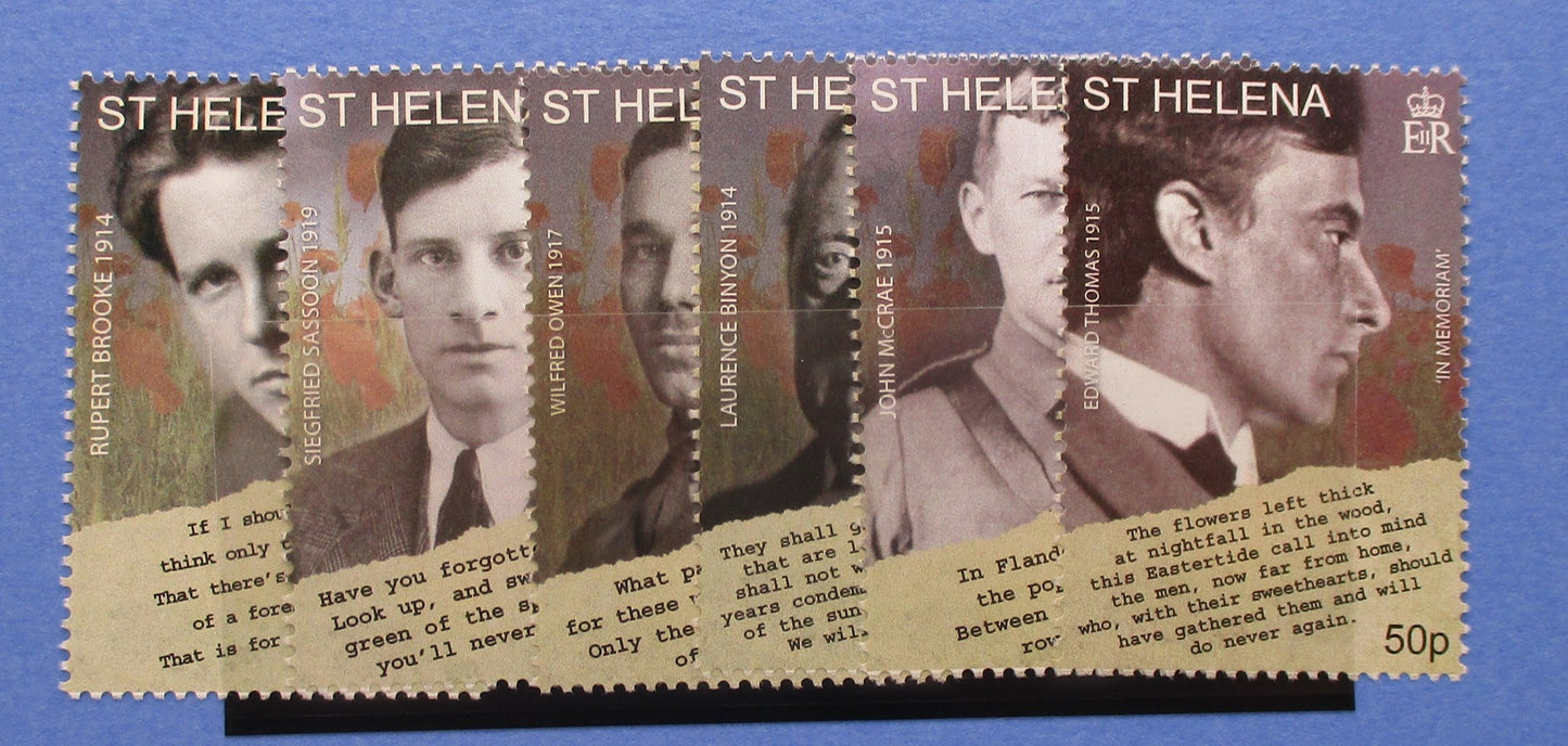 A set of six commemorative St Helena postage stamps displayed side by side on a black stand against a blue background. The stamps feature sepia-toned portraits of historical figures with printed text and the title 'ST HELENA' across the top.